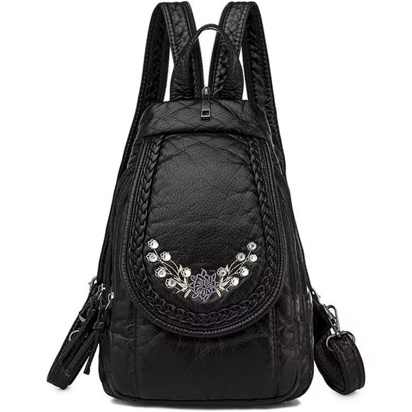 Women Soft Washed PU Black Leather Mini Waterproof Stylish Daypack Shoulder Bag - Picture 1 of 7